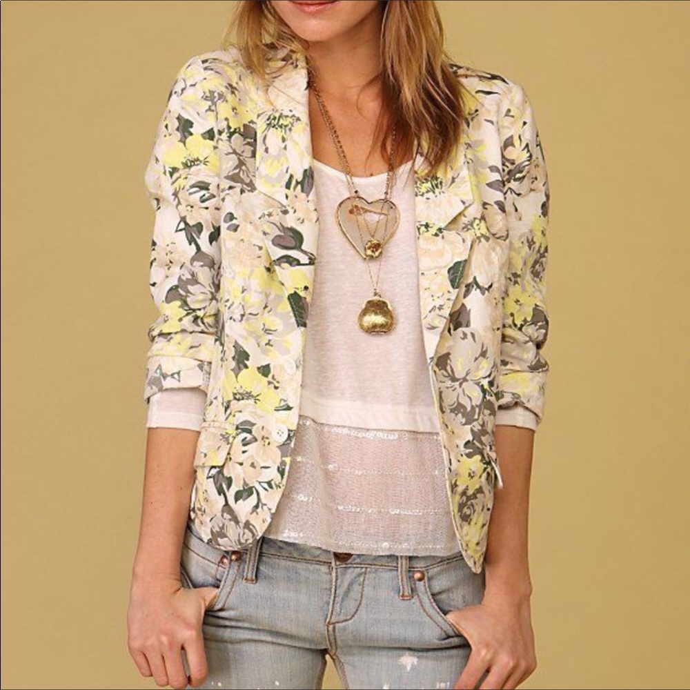 Free People Yellow Linen Floral Jacket